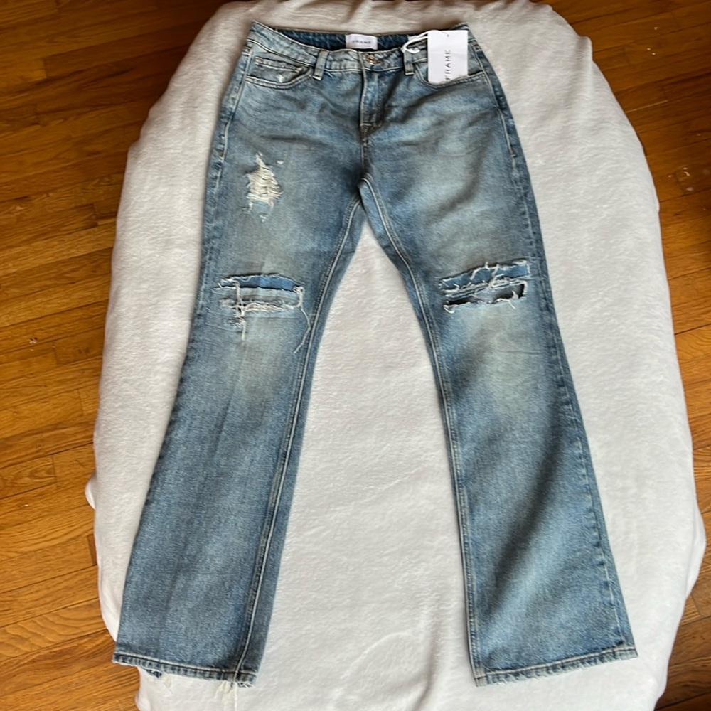 Frame Blue Low Rise Boot Cut 'The Pixie' Jeans 100% Cotton Distressed Patchwork